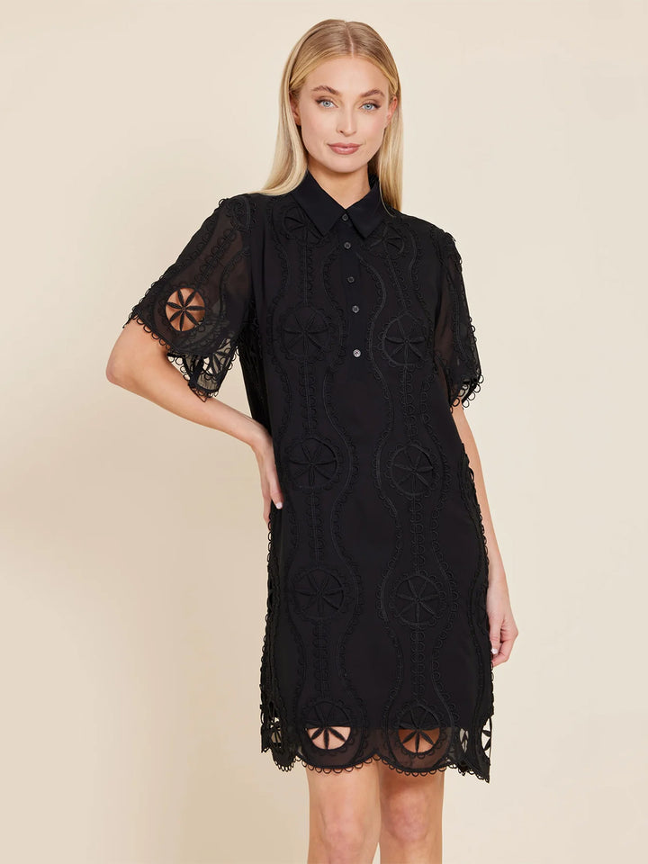Crepe Embroidered Sheer Shirt Dress in Black