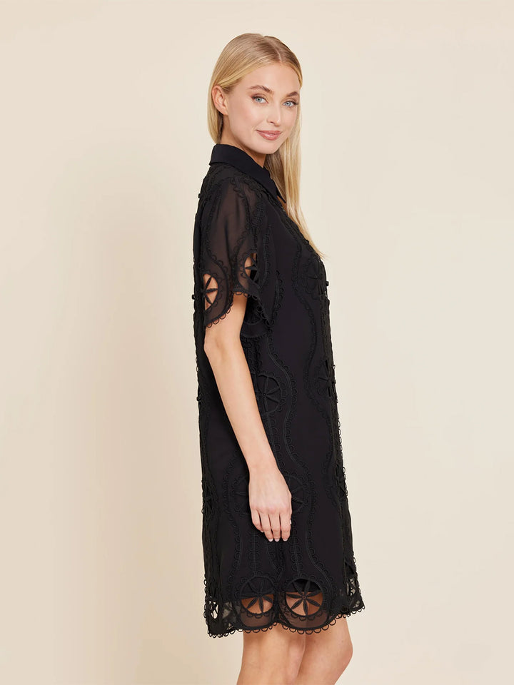 Crepe Embroidered Sheer Shirt Dress in Black