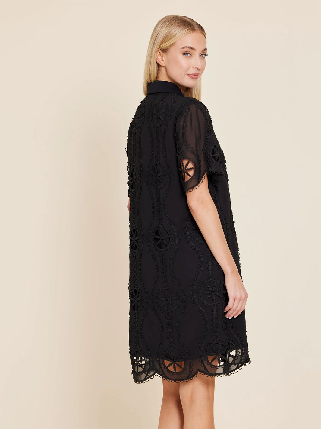 Crepe Embroidered Sheer Shirt Dress in Black