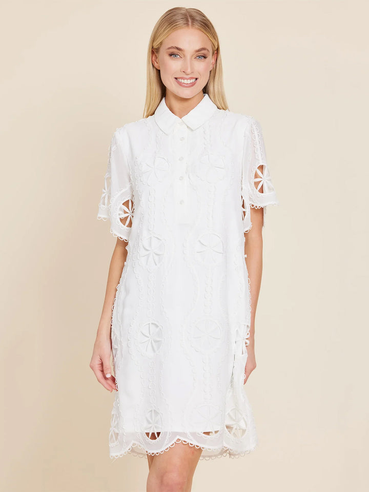 Crepe Embroidered Sheer Shirt Dress in White