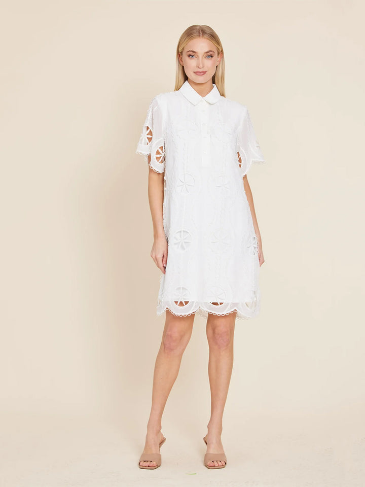 Crepe Embroidered Sheer Shirt Dress in White