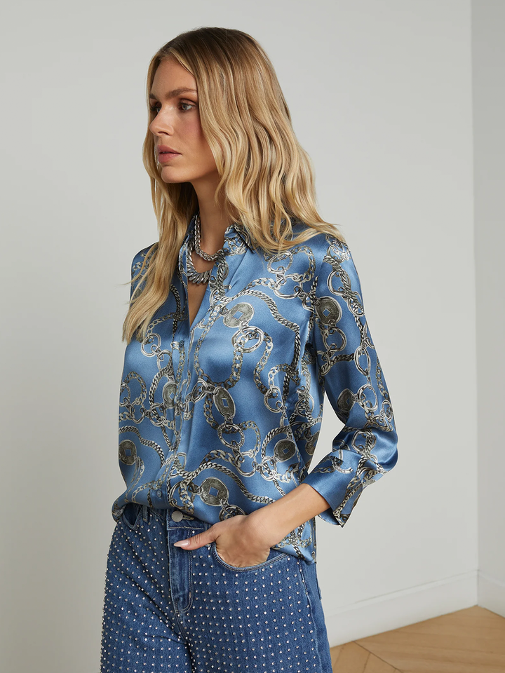 Dani 3/4 Sleeve Blouse in Blue Horizon Silver Good Luck Chain