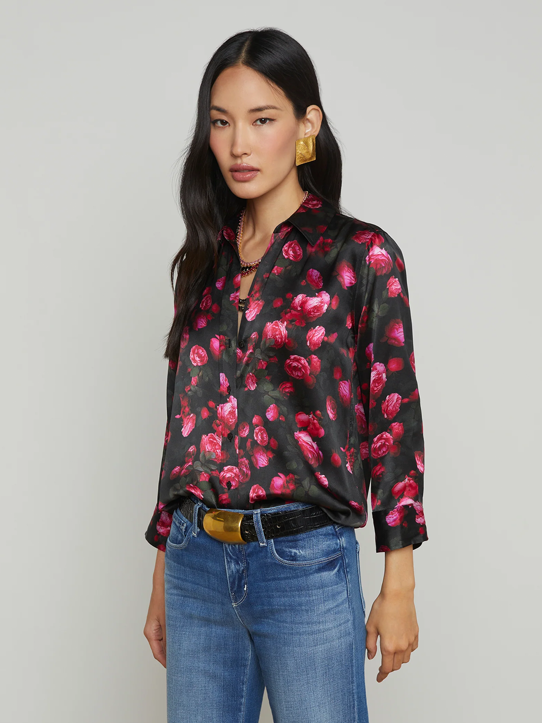 Dani 3/4 Sleeve Blouse in Black/Pink Rosa Chinesis