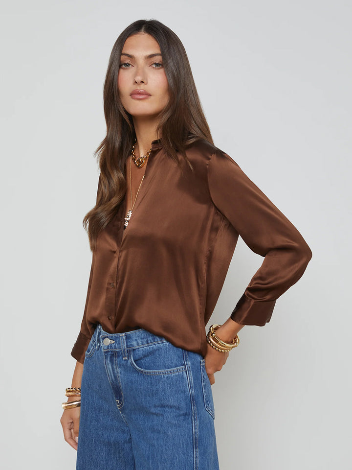 Dani 3/4 Sleeve Silk Blouse in Hot Fudge