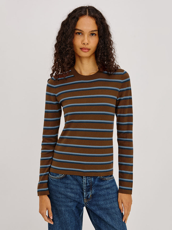 Davie Cotton Cashmere Stripe Sweater in Mocha Stripe