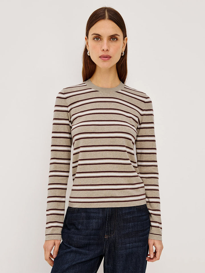 Davie Cotton Cashmere Long Sleeve Tee in Heather Oat Stripe
