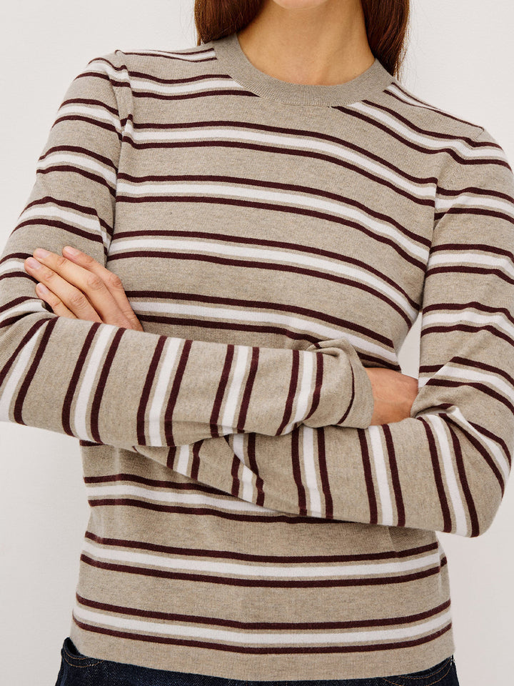 Davie Cotton Cashmere Long Sleeve Tee in Heather Oat Stripe