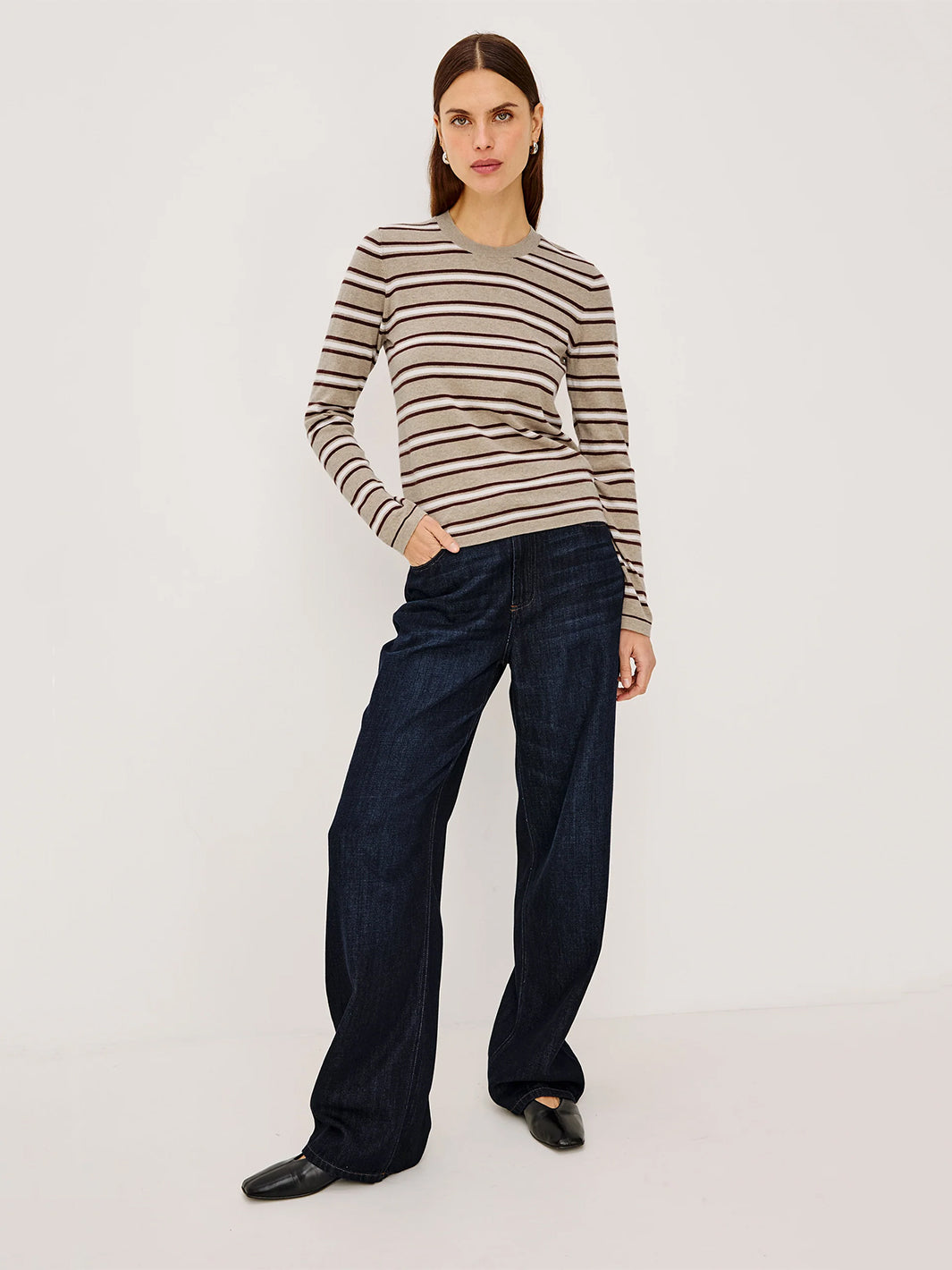 Davie Cotton Cashmere Long Sleeve Tee in Heather Oat Stripe