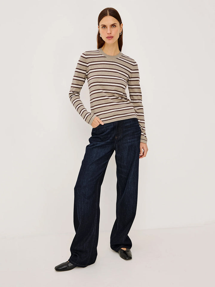 Davie Cotton Cashmere Long Sleeve Tee in Heather Oat Stripe