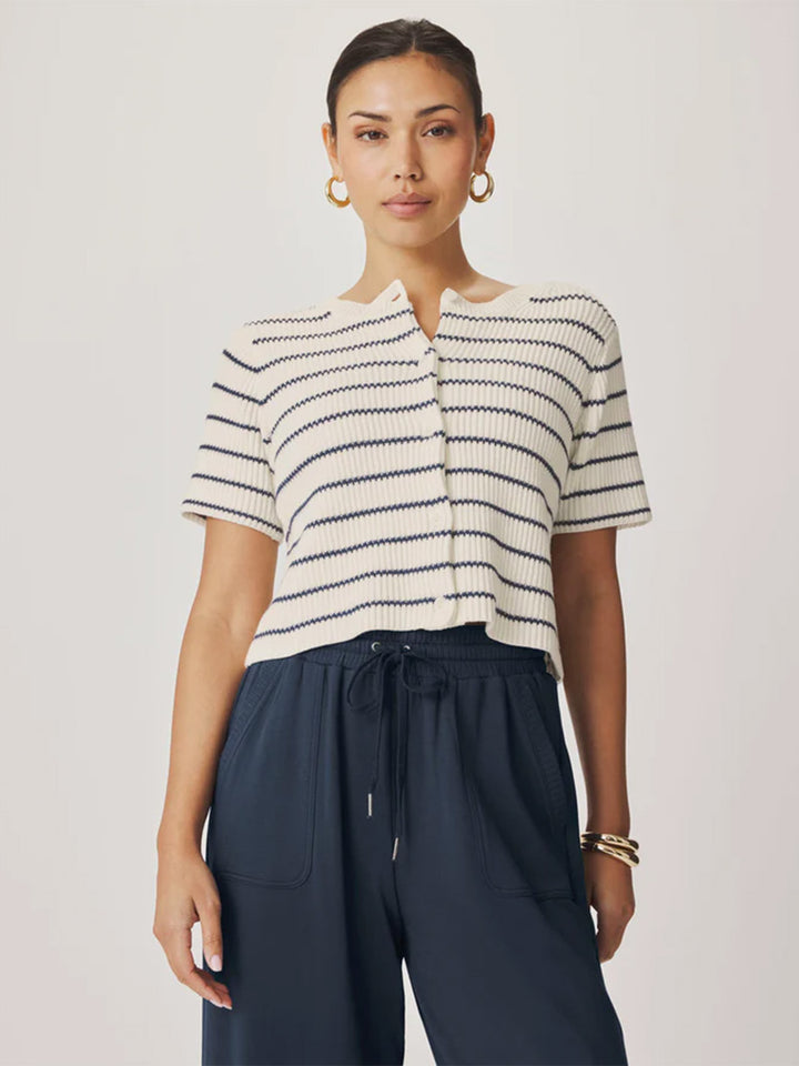 Delilah Striped Short Sleeve Cardigan in Shell/Mood Indigo