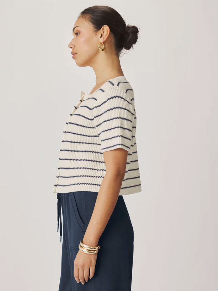 Delilah Striped Short Sleeve Cardigan in Shell/Mood Indigo