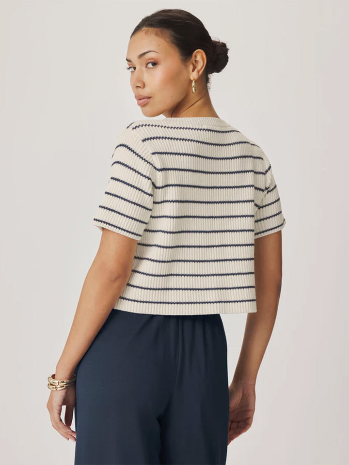 Delilah Striped Short Sleeve Cardigan in Shell/Mood Indigo
