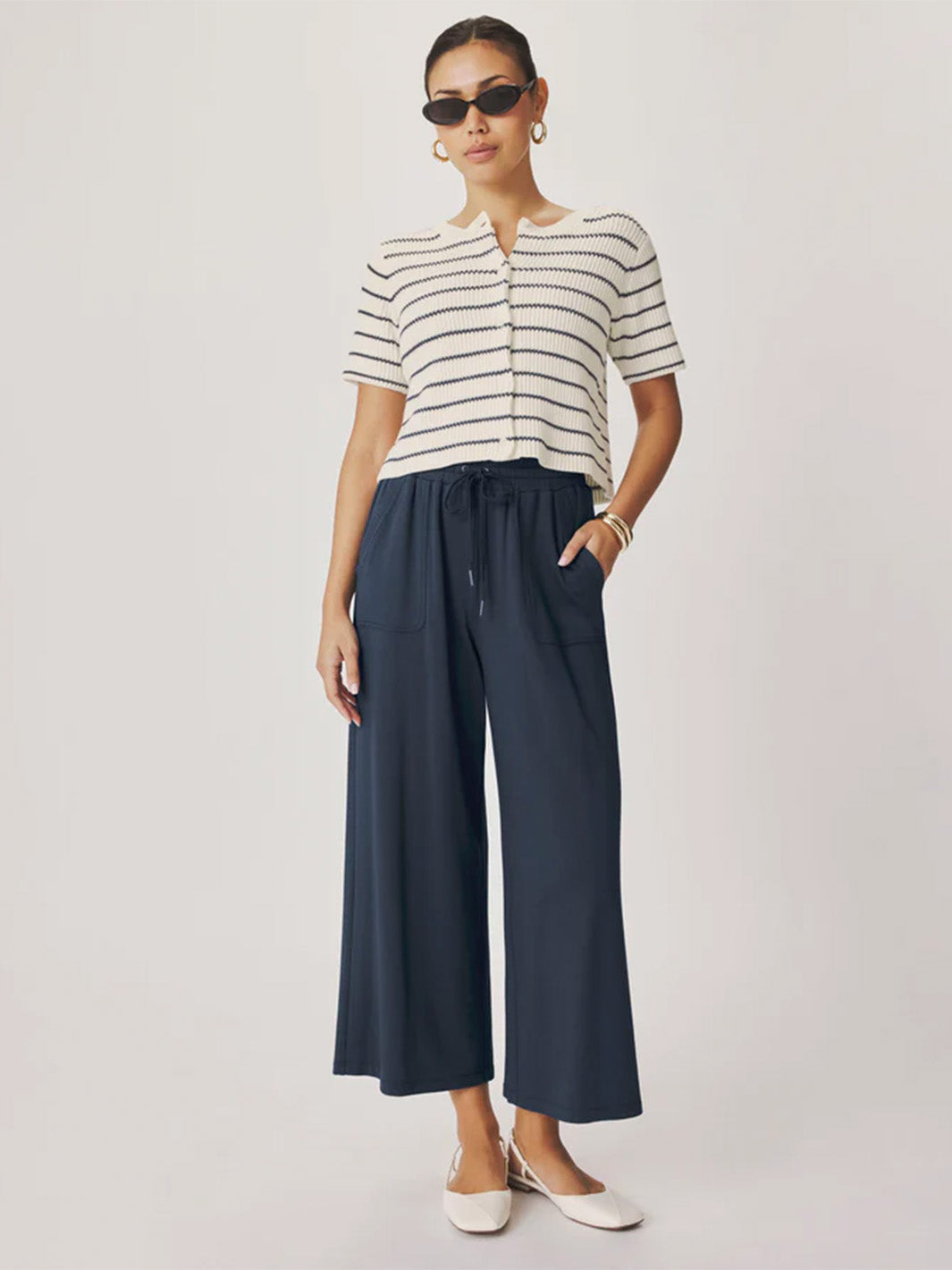 Delilah Striped Short Sleeve Cardigan in Shell/Mood Indigo