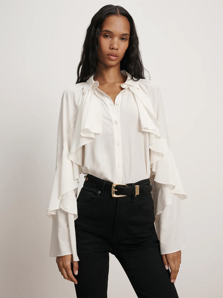Demaris Ruffled Button-Down Blouse in Dove