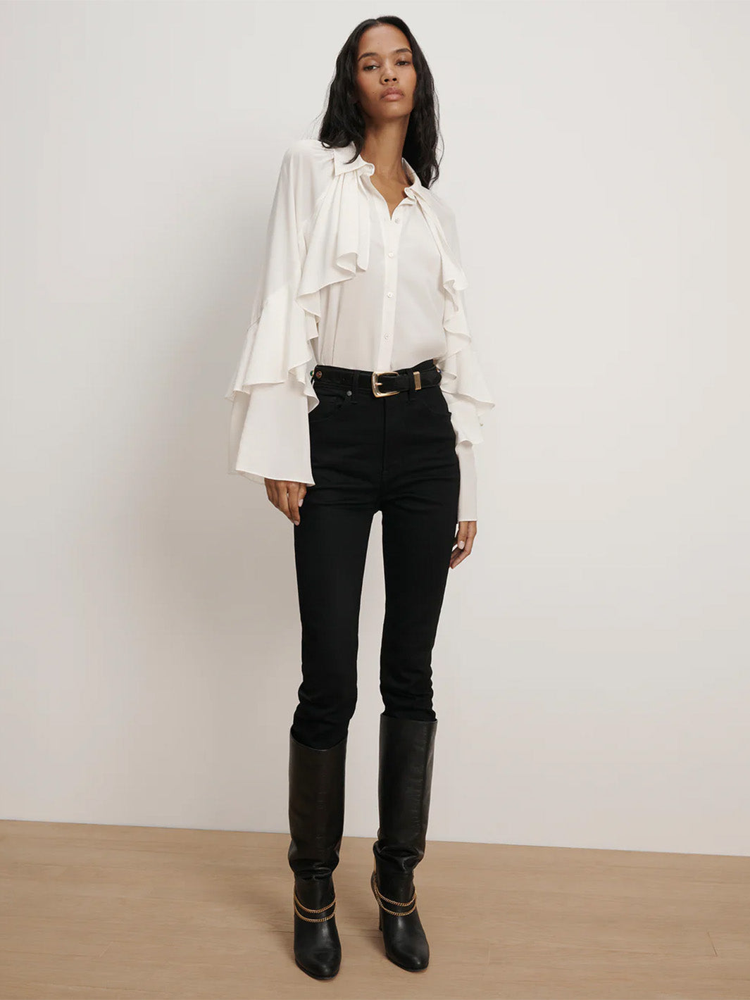 Demaris Ruffled Button-Down Blouse in Dove
