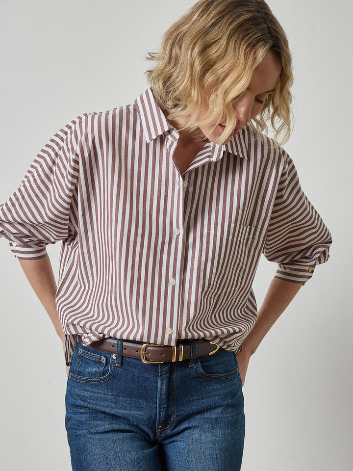 Dolman Sleeve Button Down Shirt in Chestnut Stripe