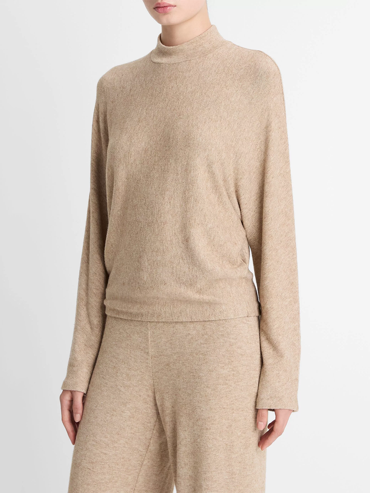 Cozy Dolman-Sleeve Mock-Neck Top in Heather Bruna