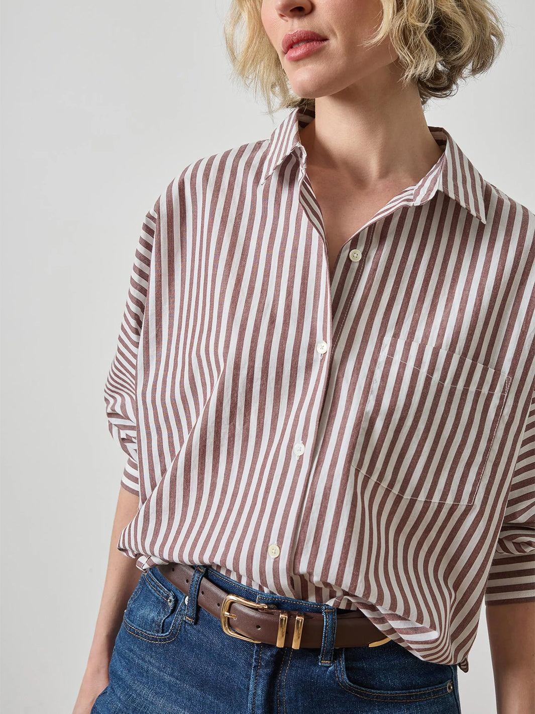 Dolman Sleeve Button Down Shirt in Chestnut Stripe