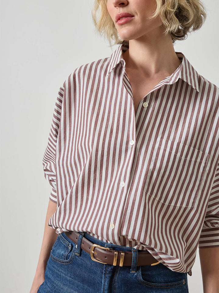 Dolman Sleeve Button Down Shirt in Chestnut Stripe