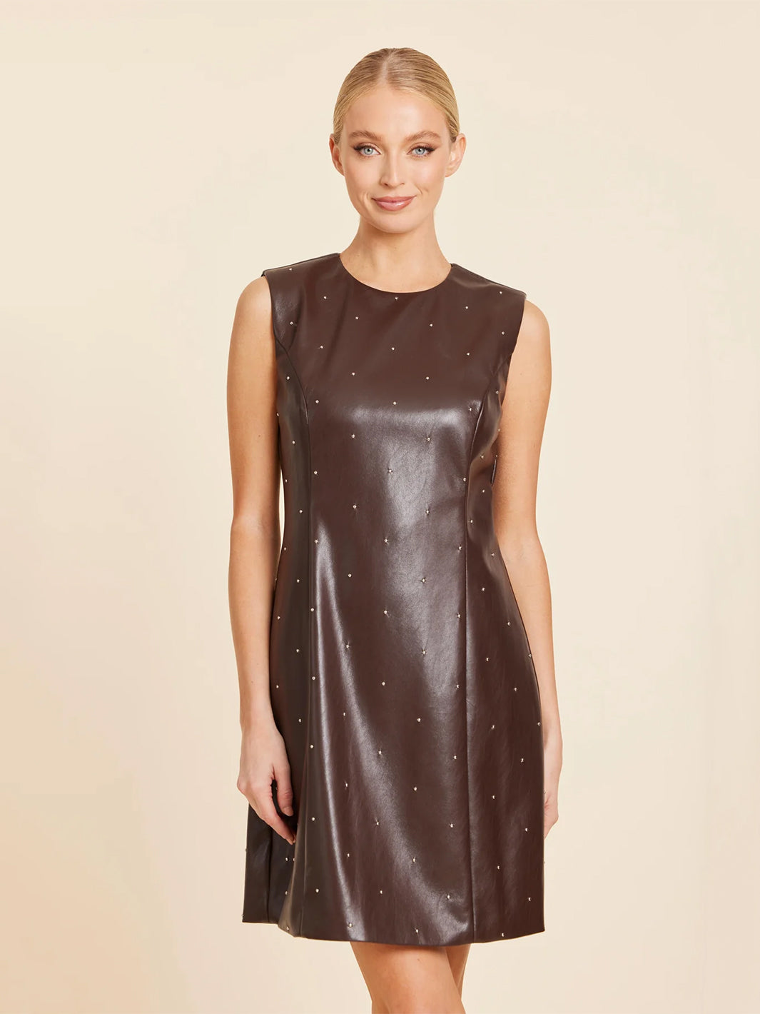 Studded Faux Leather Dress in Brown