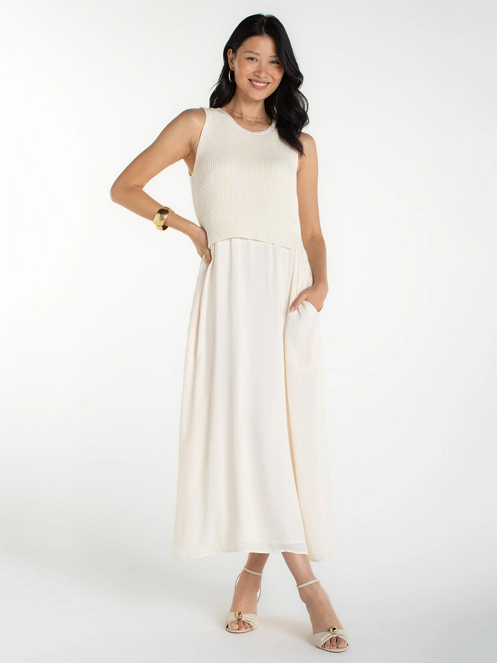 Sleeveless Tie Back Sweater Woven Dress in Cream