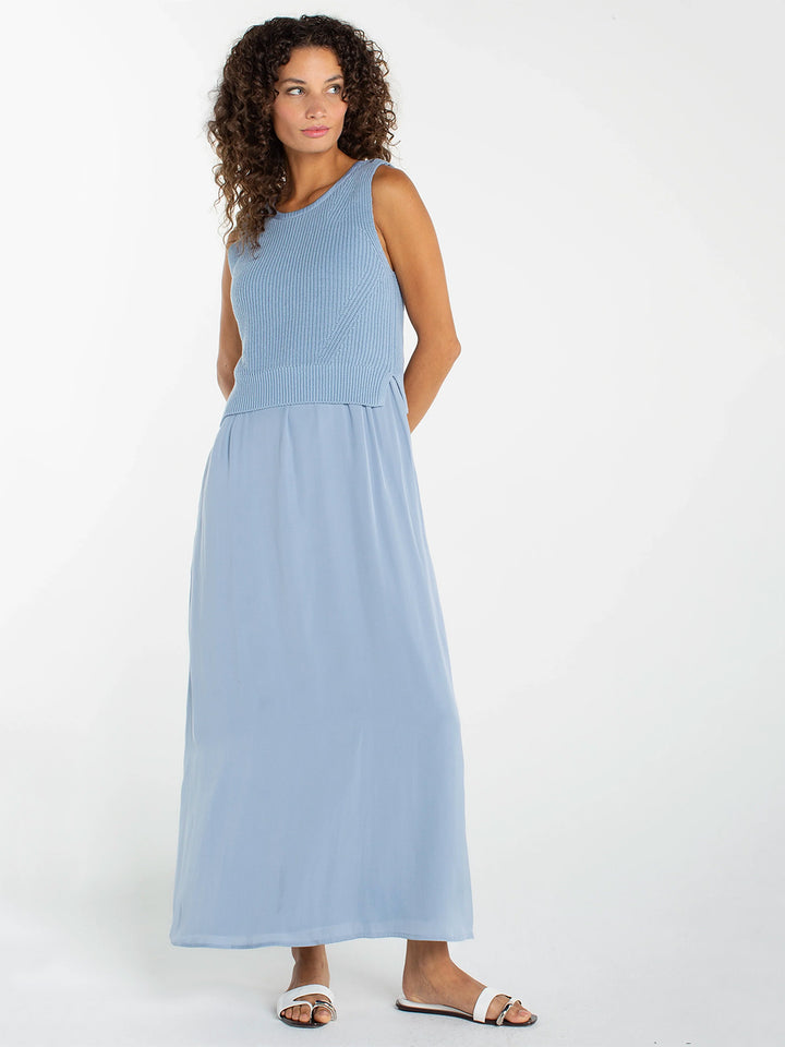 Sleeveless Tie Back Woven Sweater Dress in Malibu Blue