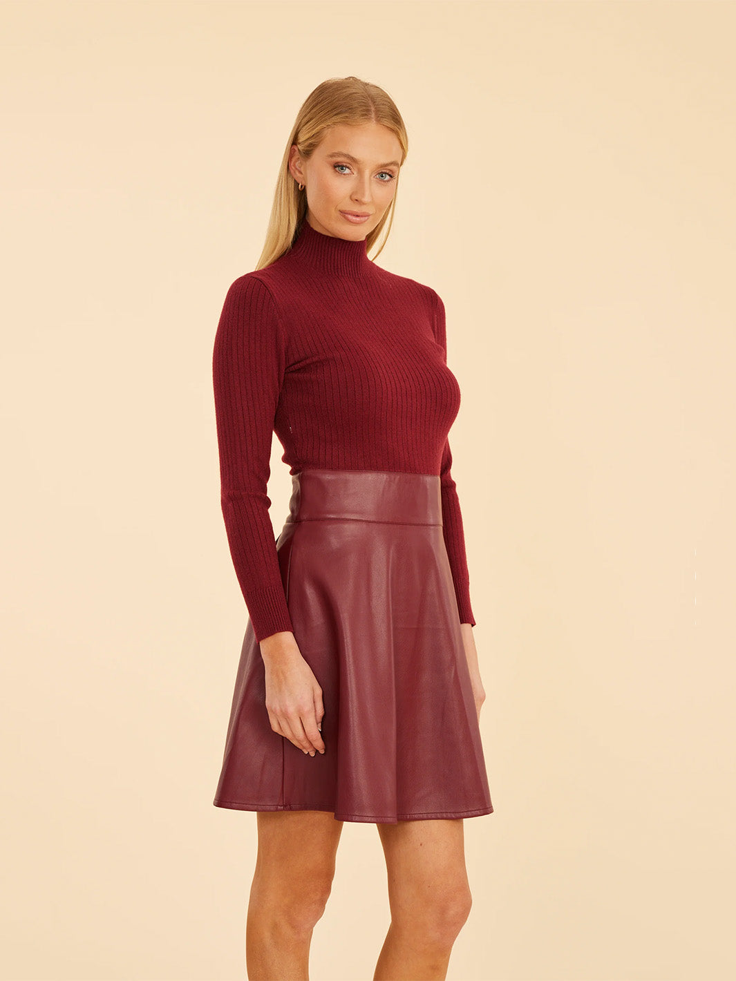 Faux Leather & Knit Turtleneck Dress in Burgundy