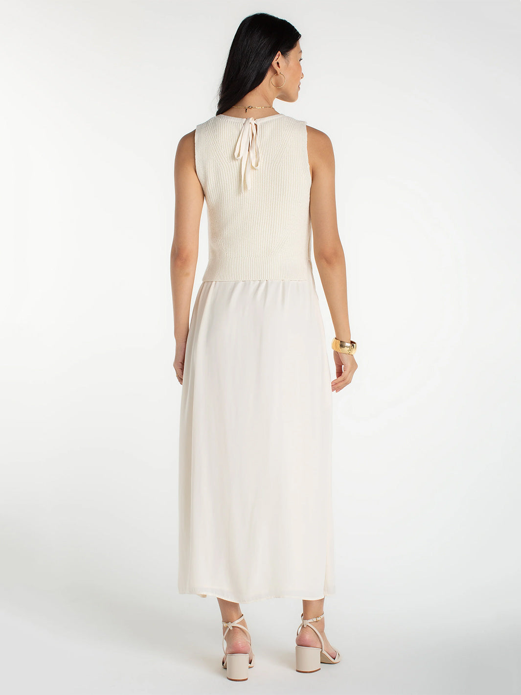 Sleeveless Tie Back Sweater Woven Dress in Cream