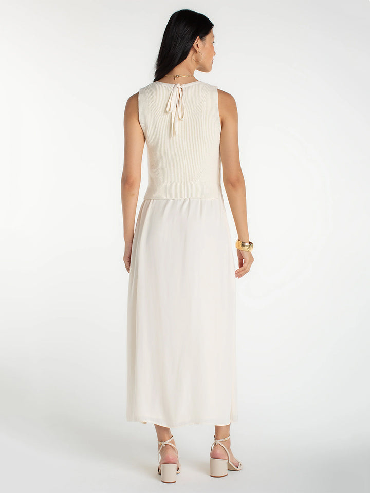 Sleeveless Tie Back Sweater Woven Dress in Cream