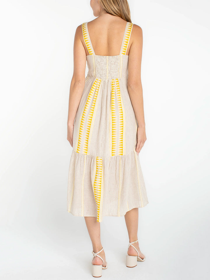 Sleeveless Midi Dress in Yellow Cream Brown Stripe