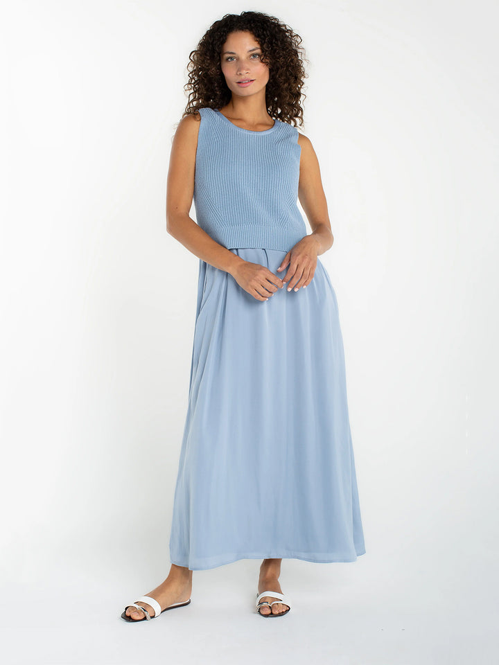 Sleeveless Tie Back Woven Sweater Dress in Malibu Blue