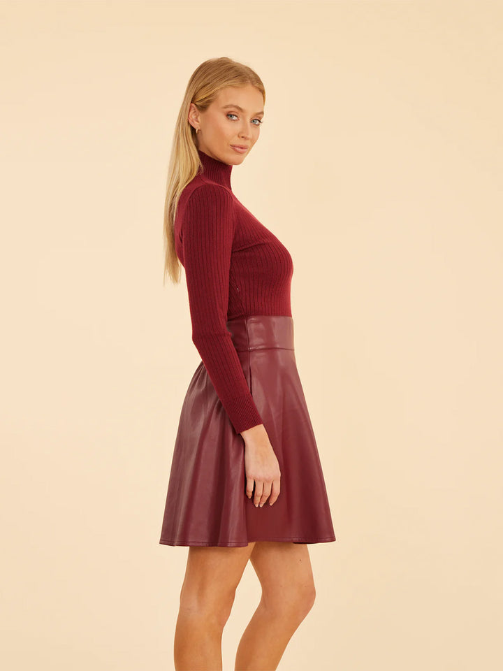 Faux Leather & Knit Turtleneck Dress in Burgundy
