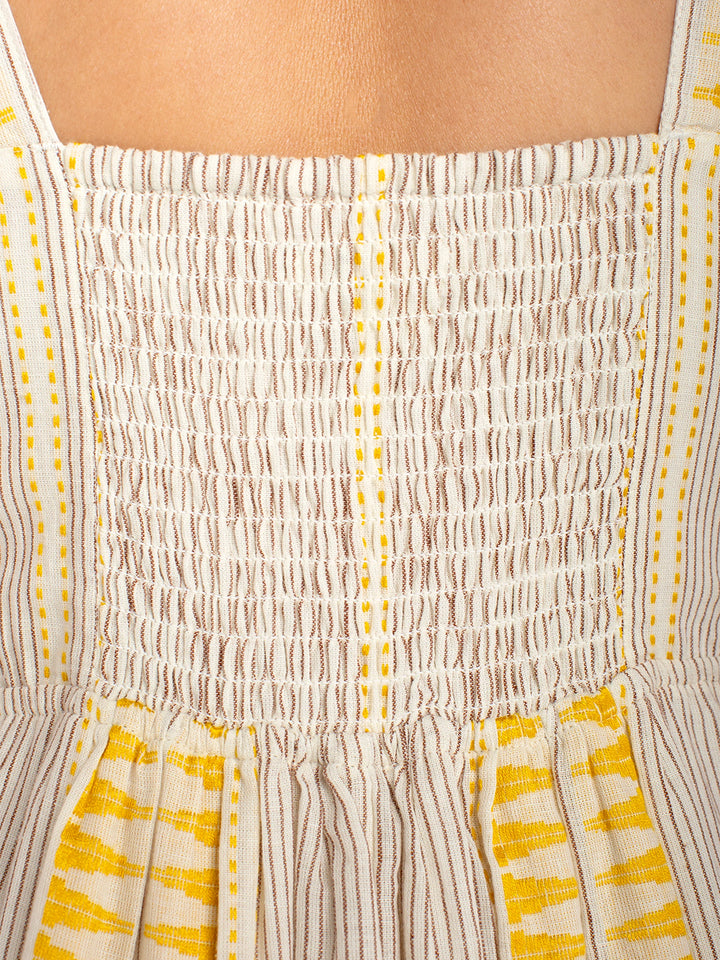 Sleeveless Midi Dress in Yellow Cream Brown Stripe