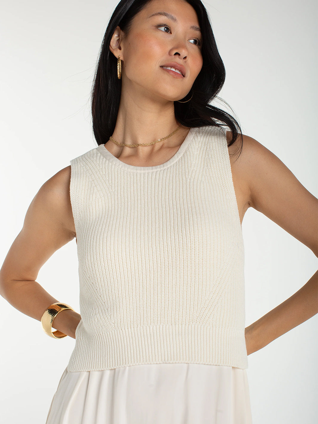Sleeveless Tie Back Sweater Woven Dress in Cream