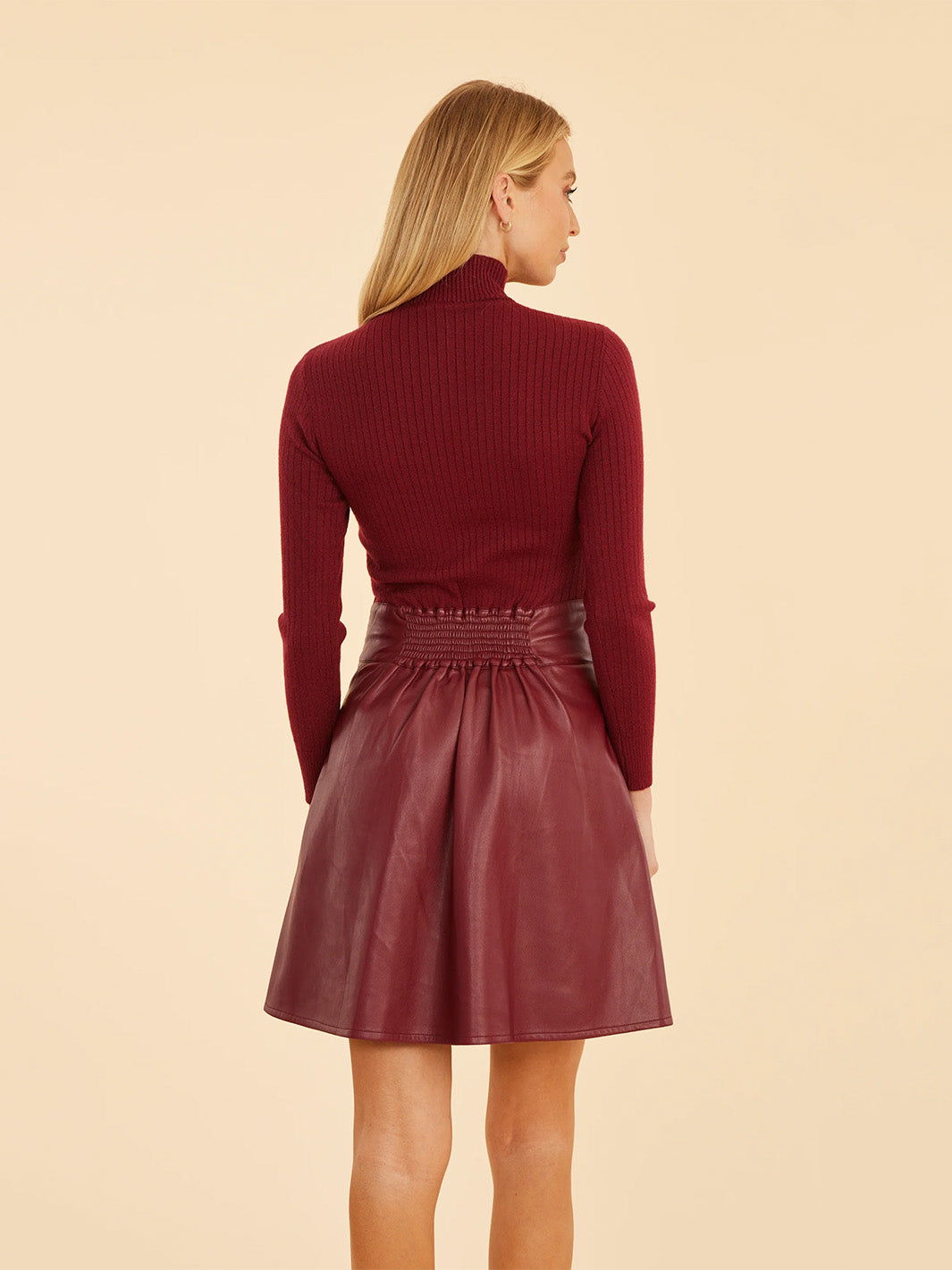 Faux Leather & Knit Turtleneck Dress in Burgundy