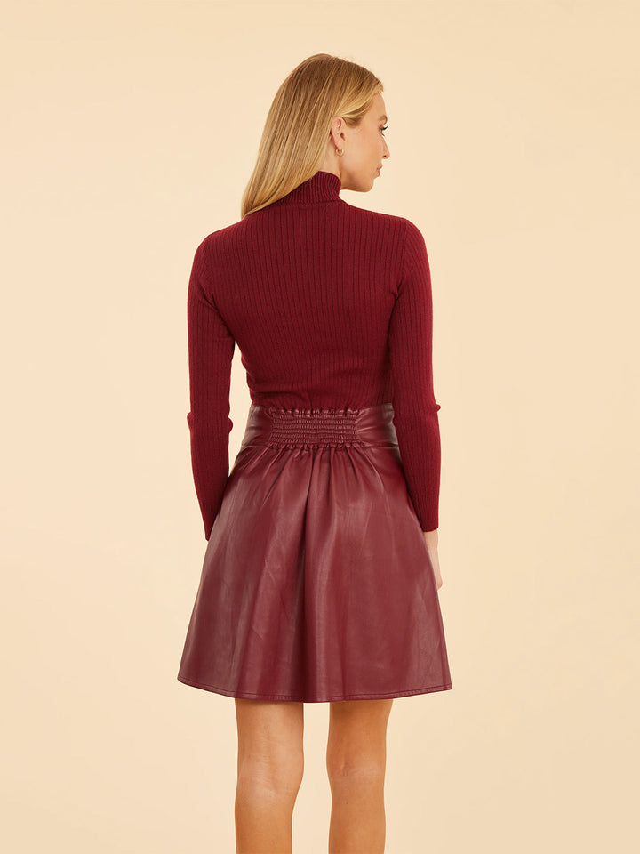 Faux Leather & Knit Turtleneck Dress in Burgundy