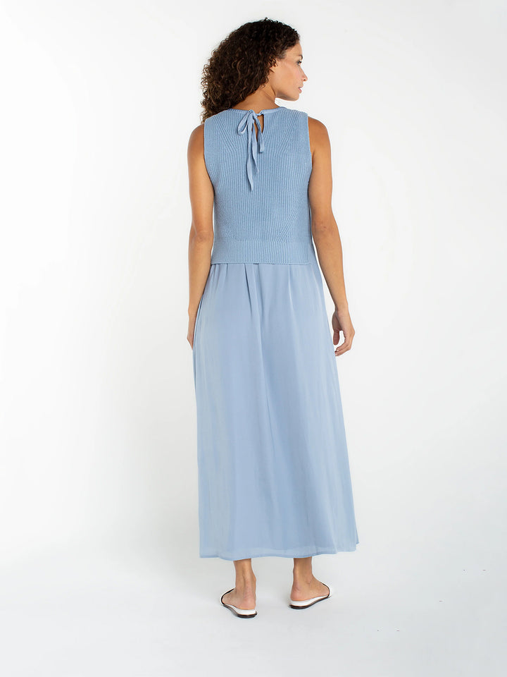 Sleeveless Tie Back Woven Sweater Dress in Malibu Blue