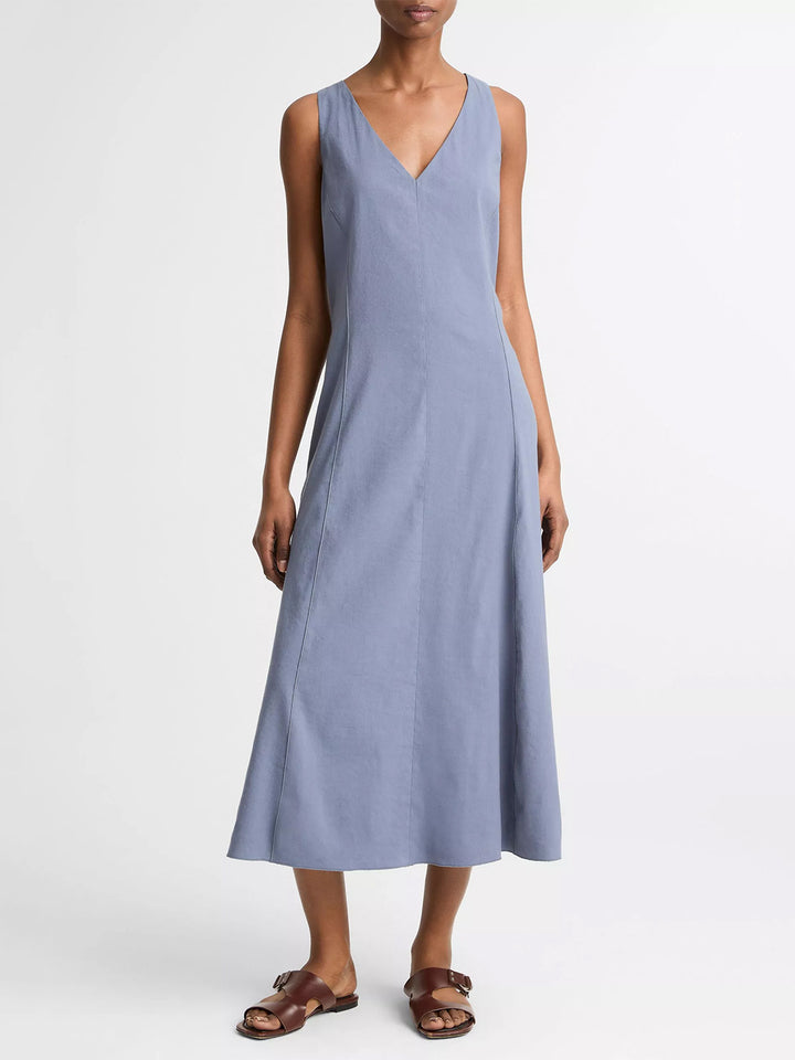 Linen-Blend V-Neck Dress in Azul