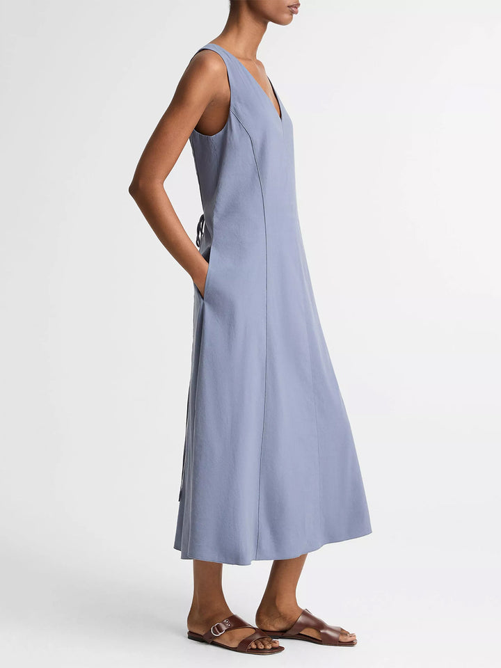 Linen-Blend V-Neck Dress in Azul