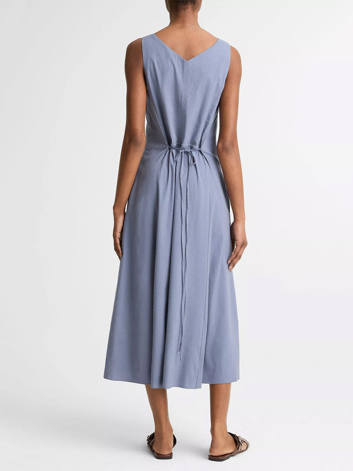 Linen-Blend V-Neck Dress in Azul