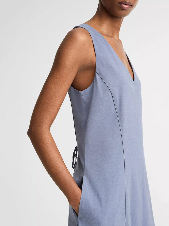 Linen-Blend V-Neck Dress in Azul