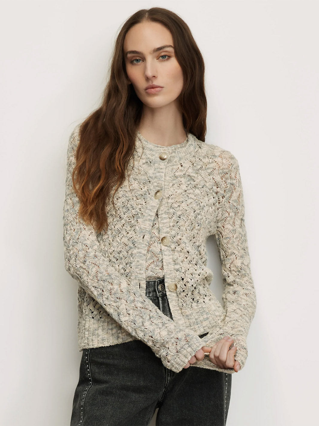 Drummond Pointelle Cardigan in  Dove White Multi