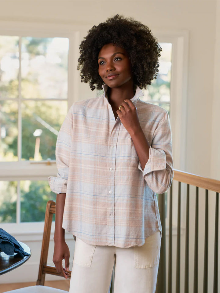 Eileen Relaxed Button-Up Shirt in Sand and Blue Plaid