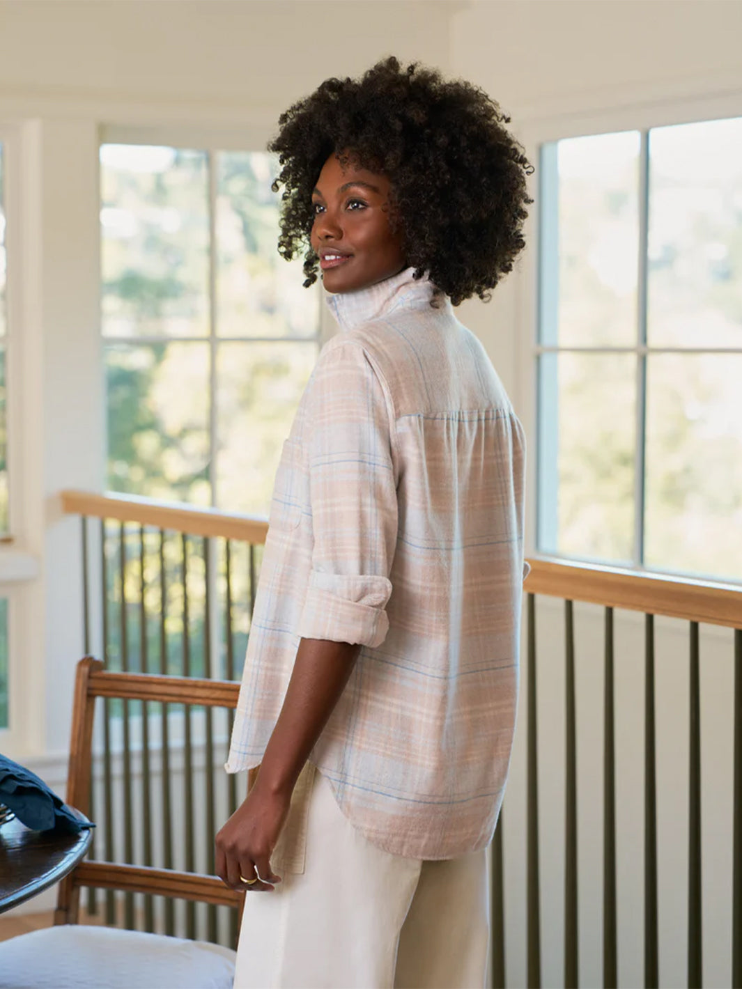 Eileen Relaxed Button-Up Shirt in Sand and Blue Plaid