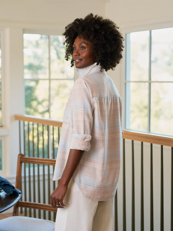 Eileen Relaxed Button-Up Shirt in Sand and Blue Plaid