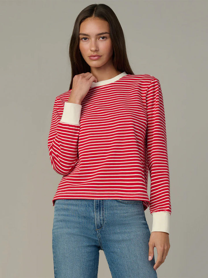 The Long Sleeve Easy Tee in Cherry Red Ecru Stripe