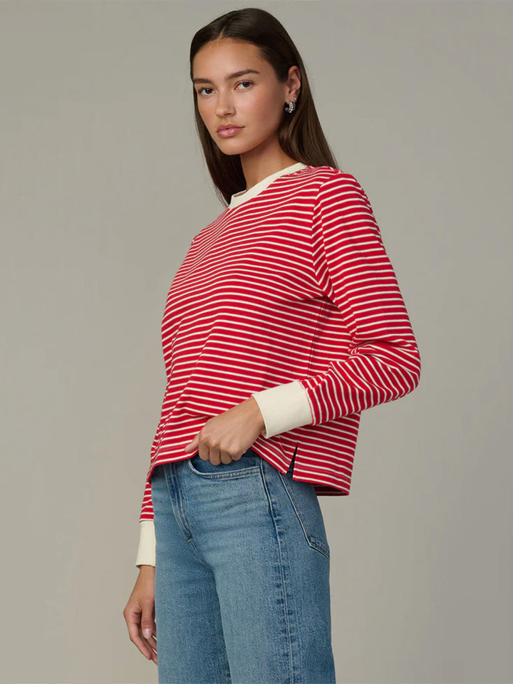 The Long Sleeve Easy Tee in Cherry Red Ecru Stripe