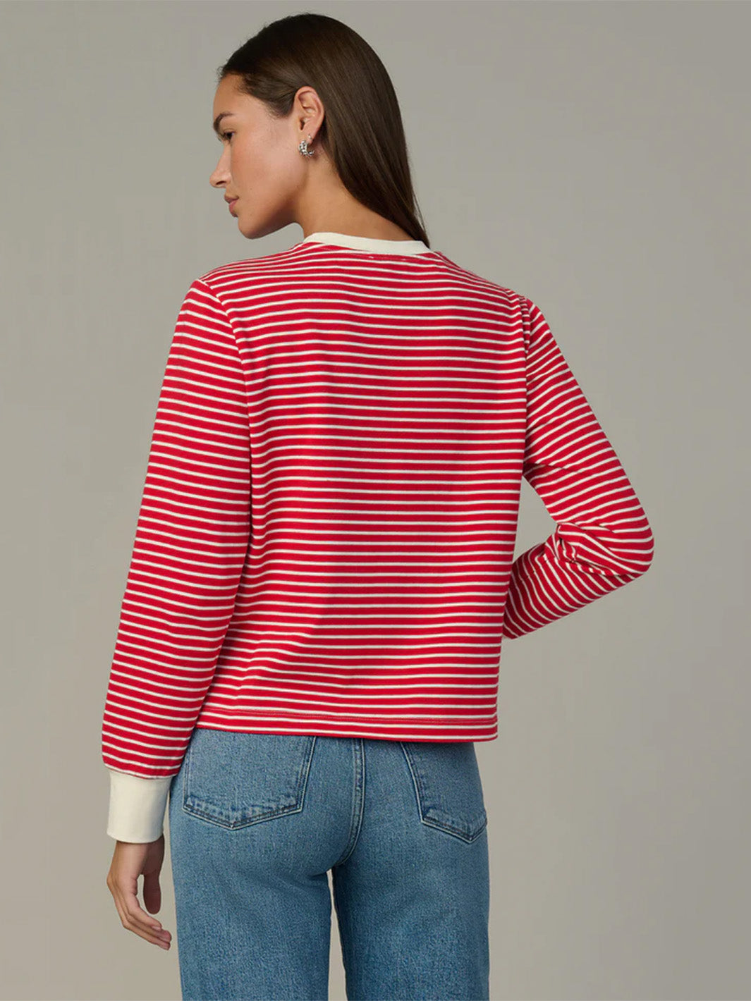 The Long Sleeve Easy Tee in Cherry Red Ecru Stripe