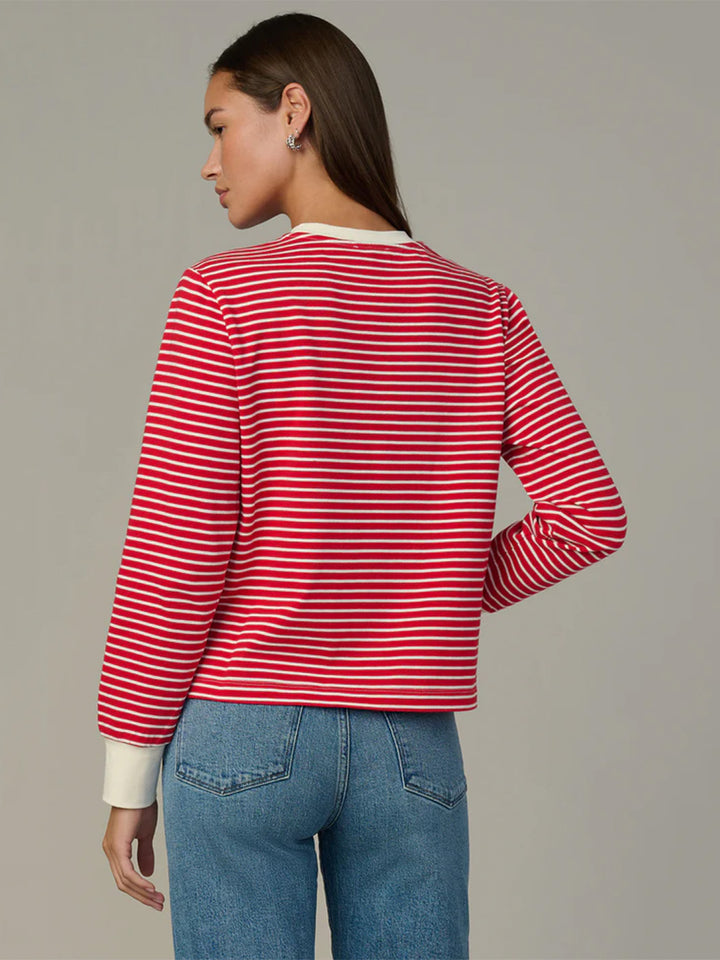 The Long Sleeve Easy Tee in Cherry Red Ecru Stripe