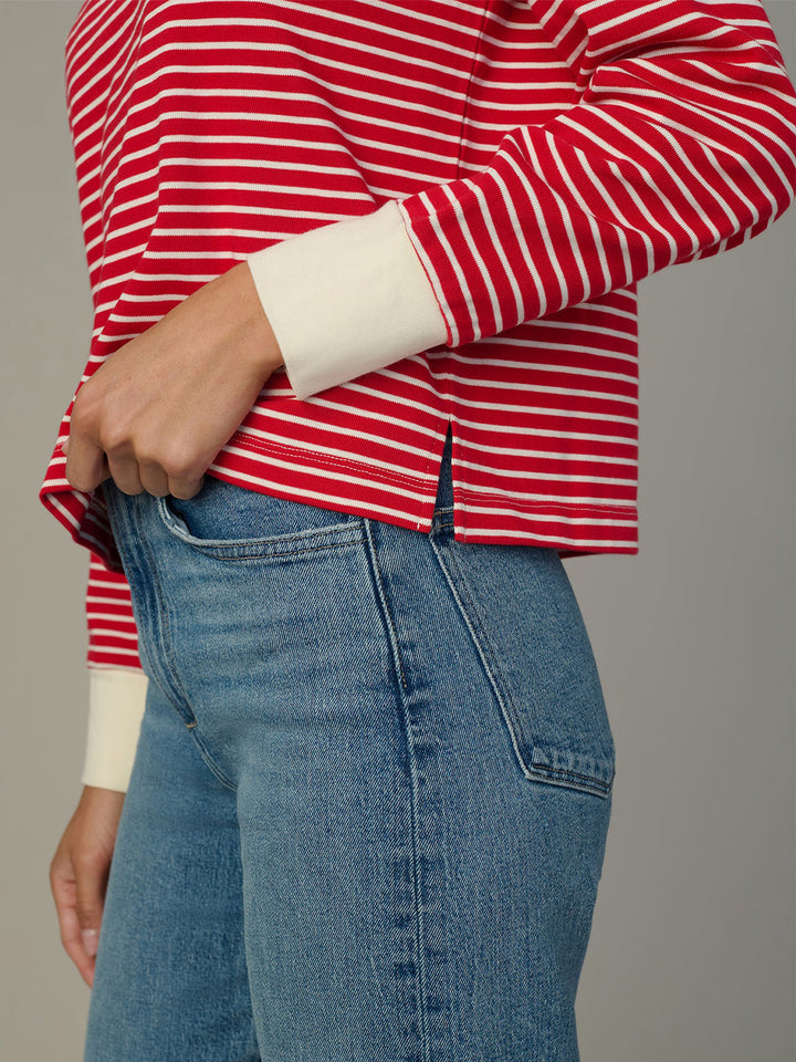 The Long Sleeve Easy Tee in Cherry Red Ecru Stripe
